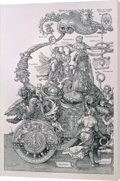 Design for The Great Triumphal Chariot of Emperor Maximilian I : detail showing the Virtues placing a wreath on the head of the Emperor, planned by Willibald Pirckheimer, pub. c. 1518
