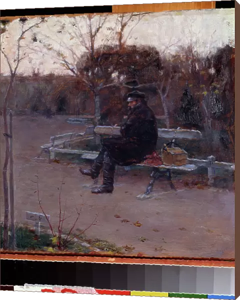 Sur le boulevard (On the Boulevard). Un homme seul, assis sur un banc dans le froid, pres de lui, un baluchon et une boite a outils. Peinture de Pyotr Alexandrovich Nilus (Pierre Nilous) (Nilouss) (1869-1940 / 1943), huile sur toile, 1895