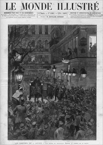 Boulangisme: the crowd cheering General Boulanger (1837-1891) when he left the restaurant Durand, Place de la Madeleine, Paris, where he celebrated his victory in the legislative by-election of 27 January 1889. Engraving by Louis Tinayre (1861-1942)