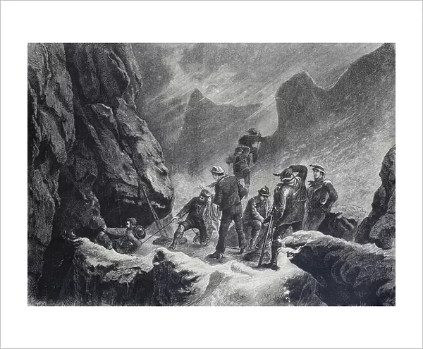 Mountaineer roping out in a chimney, difficult situation in the mountains, 1880, Switzerland