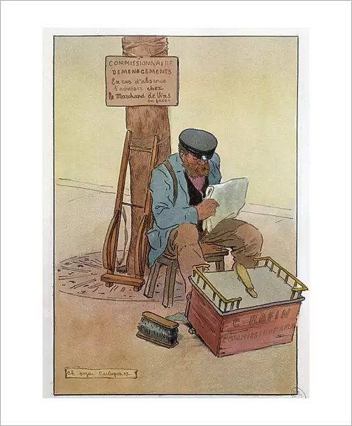 Small metiers of Paris: the shoe shoeshine. Drawing by Charles Pezeu dit Carlopez (20th century), 1909