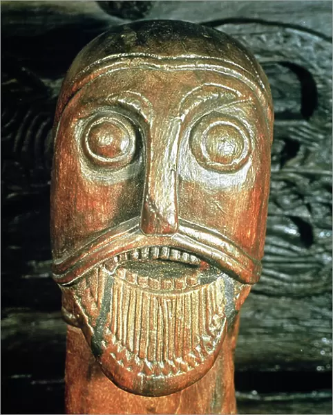 Detail of an ornamental head, from a sledge in the Oseburg burial (wood)