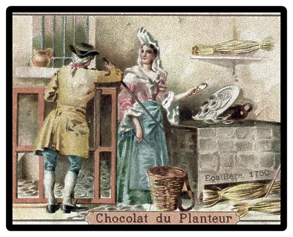 Metier disappeared: representation of an ecaillere, or oyster saleswoman, wearing a typical cap, in Paris in 1750 (Oyster shucker of Paris, 18th century) Chromolithography of the 19th century Private collection