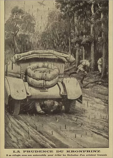 Crown Prince Wilhelm of Germany taking cover beneath his car to avoid darts dropped by a French aeroplane, World War I, 1915 (litho)