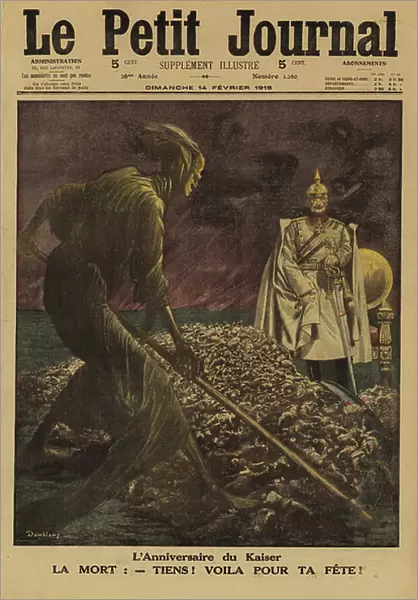 Death presenting Kaiser Wilhelm II of Germany with a harvest of the dead to celebrate his birthday, World War I, 1915 (colour litho)