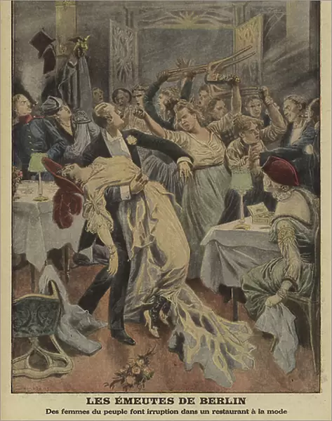 Rioting women breaking into a fashionable restaurant in Berlin, World War I, 1916 (colour litho)