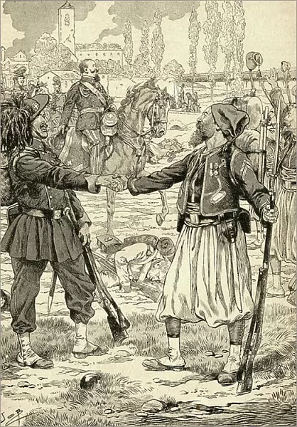 French and Sardinian soldiers shaking hands to celebrate their victory against the Austrians after the Battle of Palestro, Italy, 1859. From Agenda Buvard du Bon Marche published 1917