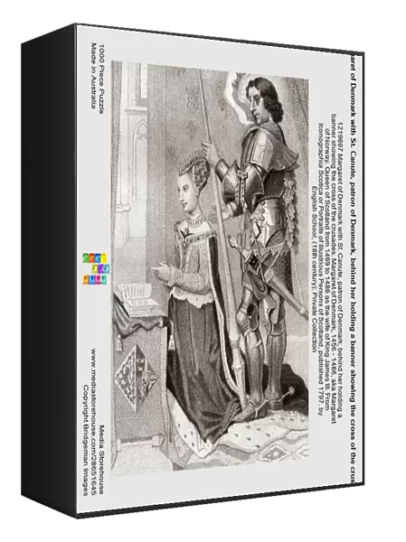 Margaret of Denmark with St. Canute, patron of Denmark, behind her holding a banner showing the cross of the crusades. Margaret of Denmark, 1456 - 1486, aka Margaret of Norway. Queen of Scotland from 1469 to 1486 as the wife of King James III