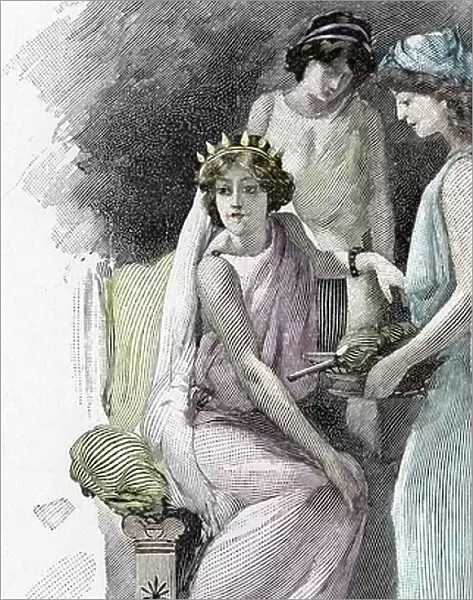 Odyssee d'Homere: Chant IV: Helene surrounded by his following (Odyssey by Homer: Helen and her servants) Illustration by Antoine Calbet (1860-1944) for 'The odyssee' by the Greek poet Homere (Odyssey by Homer) 1897 Private collection
