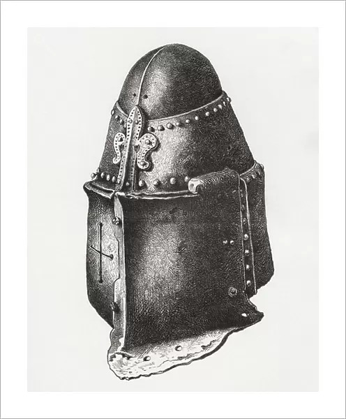 Helmet c. 1350, similar to that of the Black Prince in Canterbury Cathedral but with the Piece de Renfort on the left side, from The British Army: Its Origins, Progress and Equipment, published 1868