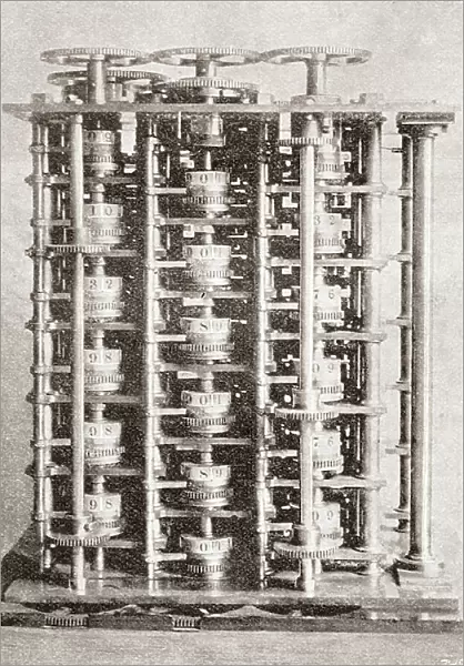 The difference engine of the Babbage Calculating Machine, invented by Charles Babbage in 1822, made to compute values of polynomial functions. From The Strand Magazine, published 1896