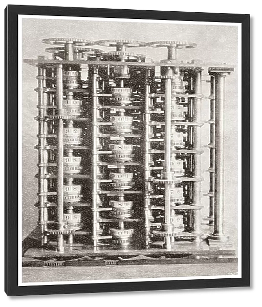 The difference engine of the Babbage Calculating Machine, invented by Charles Babbage in 1822, made to compute values of polynomial functions. From The Strand Magazine, published 1896