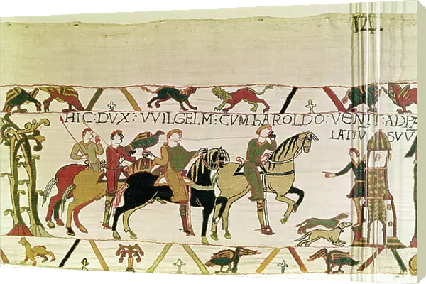 Harold is taken by William to his castle at Rouen, Bayeux Tapestry (wool embroidery on linen)