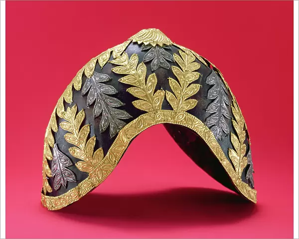Asante cap worn by King and officials, from Ghana (leather silver & gold) c. 1850's