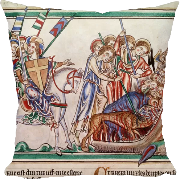 The Lord and His Armee (ost) precipitating the Bete and His worshippers in Hell. Minature from manuscript ' Apocalypse historiee', Folio 38. 1250. Illumination of the Master of Sarum. Paris, NL