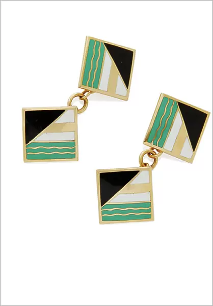 Cufflinks, c. 1930 (gold, green, white & black enamel)