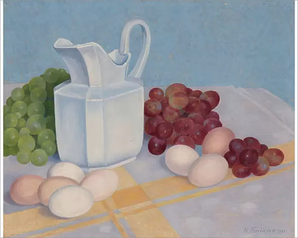 Pitcher, grapes and eggs, 1921 (oil on panel)