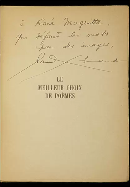 Autograph to Rene Magritte, inset page of Le Meilleur choix de poemes est celui que l'on fait pour soi, 1818-1918, 21 November 1947 (pen & ink on paper)