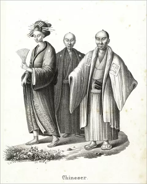Japanese oiran and samurai. Japanese courtesan in kimono with fan and hair ornaments, and two Japanese samurai in chonmage hairstyle wearing montsuki over hakama with two swords (katana) in their belts. (Titled Chinese in error)