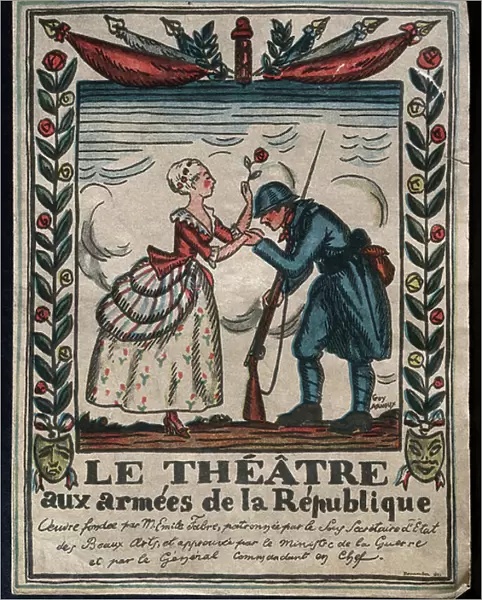 Theatre for the Armies of the Republic, French soldier kissing the hand of an actress, 1917 (colour litho)