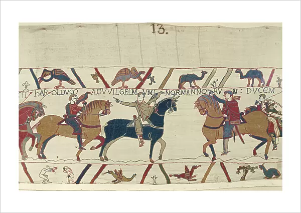 Count Guy leads Harold to William, Duke of Normandy, Bayeux Tapestry (wool embroidery on linen)