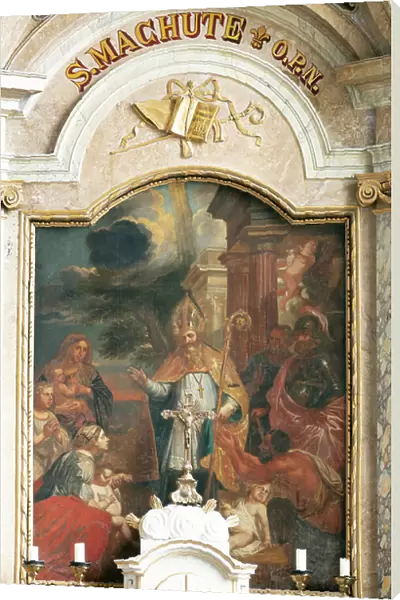Inside view, southern side altar of Saint Machutus, portico altars, marbled wood by the Moretti brothers, circa 1785, painting 'H. Machutus heals the sick', 1791-1800