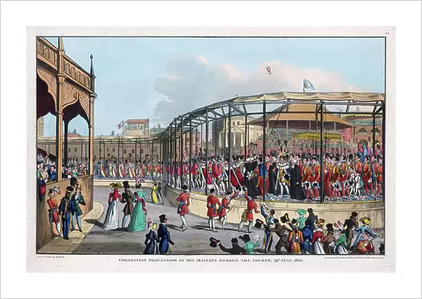 Coronation procession of George IV (1762-1830), St James Park, London, 19 July 1821. The balloon in the sky on right is Charles Green's, making the first successful flight using coal gas. Artist W Heath