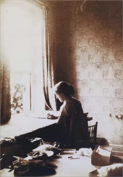 May Morris at work, early 1890s (b / w photo)