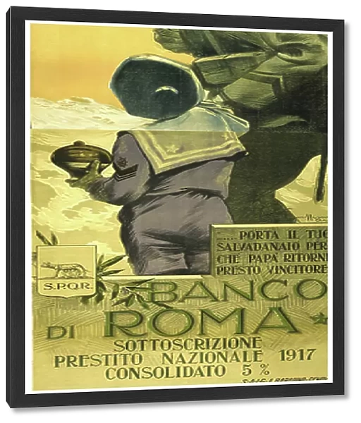 World War I: Banco di Romano poster for War Loan. Italian soldier telling his son to empty his money box and Papa will soon be home victorious. Aurelio Craffonara (1875-1945) Italian artist