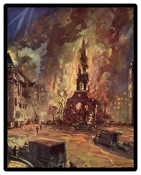 St Clement Danes Church, Strand, London, on fire during the Blitz, World War II, 1941 (colour litho)
