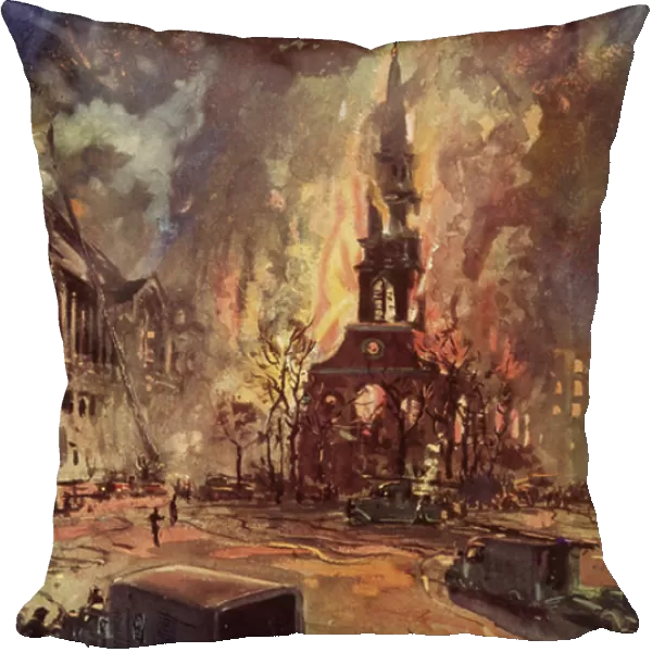 St Clement Danes Church, Strand, London, on fire during the Blitz, World War II, 1941 (colour litho)