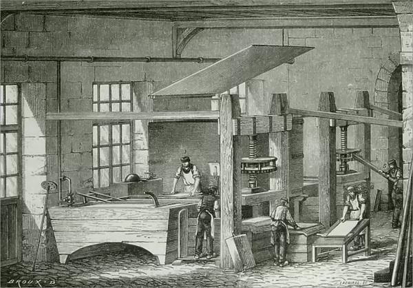 Making paper by hand by sieving pulp in forms. Engraving c1870