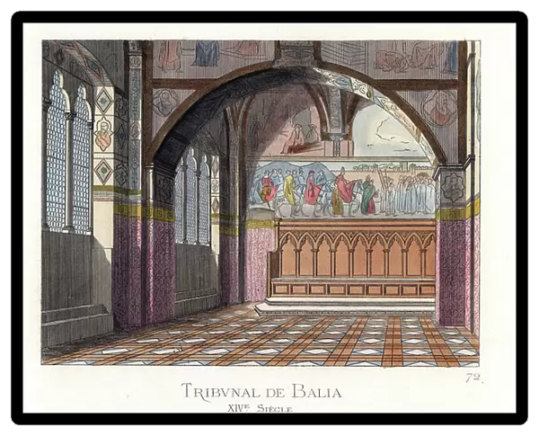 La salle du tribunal de Balia a Siena (Italy) 14th century - The Balia or government tribunal in Siena, 14th century - Handcoloured illustration drawn and lithographed by Paul Mercuri with text by Camille Bonnard from ' Historical Costumes from the 12th to 15th Centuries, ' Levy Fils, Paris