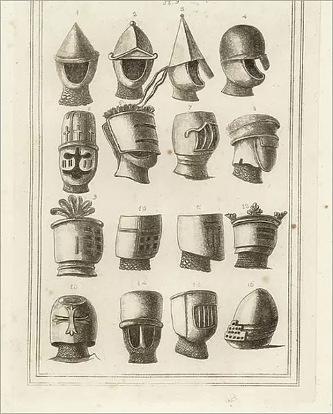 Helmets from the great seals of kings and barons, illustration from Military Antiquities respecting a History of the English Army by Francis Grose, 1812 (engraving)