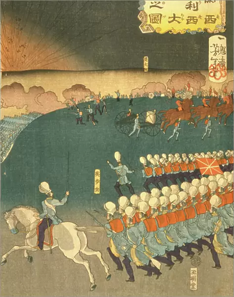 French and British troops engaged in military training manoeuvres, Yokohama, Japan. Part of triptych by Taiso Yoshitoshi (1839-1892) Japanese ukiyo-e artist. Infantry Field Artillery Gun