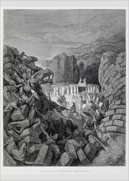 The Walls of Jericho Fall Down (Josh. 5:16, 6:1-10, 13-19), Illustration from the Dore Bible, 1866