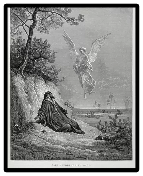 Elijah nourished by an Angel, Illustration from the Dore Bible, 1866