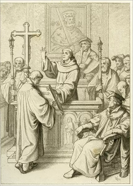 Martin Luther is doctorate to the Holy Bible, 1850s (engraving)