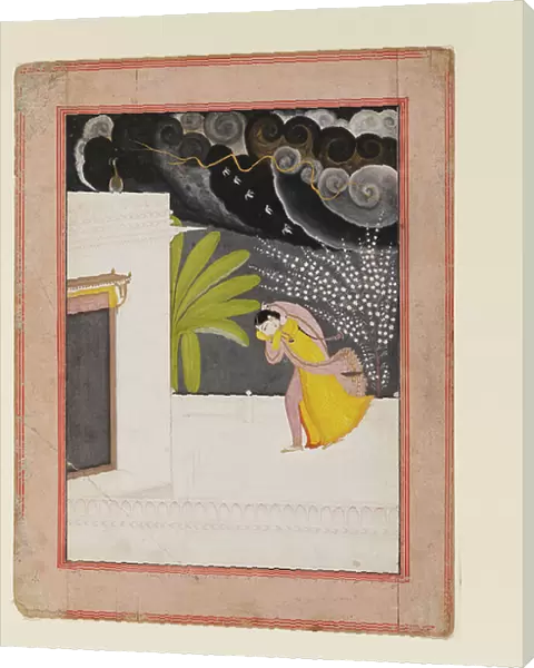 Lady on a terrace seeking shelter from the rains, early 19th century (gouache with gold on paper)