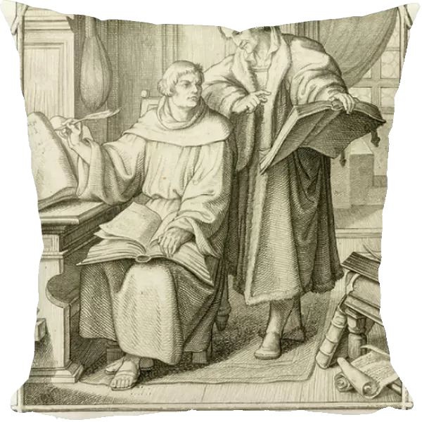 Martin Luther and Philipp Melanchthon (Philippe, Philippus Melanchthon, 1497-1560) during the translation of the Bible, 1850s (engraving)