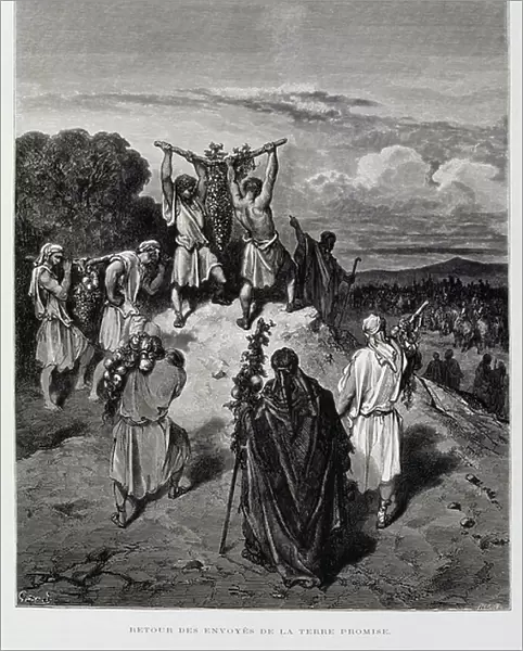 Return of the spies to the promised land, Illustration from the Dore Bible, 1866