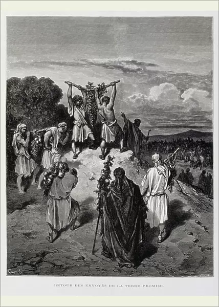 Return of the spies to the promised land, Illustration from the Dore Bible, 1866