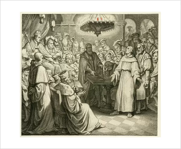 Martin Luther in front of the Emperor Charles, beside him his brother Ferdinand, 1850s (engraving)