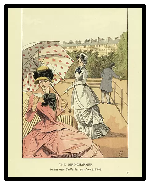 The bird-charmer in the new Tuileries Gardens, 1880. Two fashionable women in the new Jardin des Tuileries near one of the famous bird charmers. Handcoloured lithograph by R. V