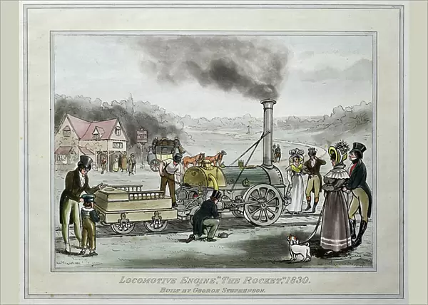 Locomotive Engine, 'The Rocket, ' Built by George Stephenson, 1830 (coloured etching on paper)