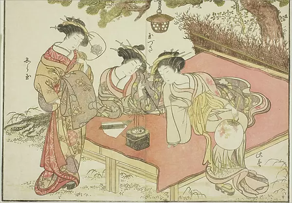 Courtesans of the Yadaya, from the book 'Mirror of Beautiful Women of the Pleasure Quarters (Seiro bijin awase sugata kagami), 1776 (colour woodblock print)