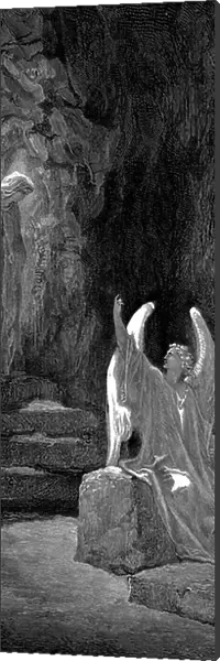 Angel showing Mary Magdalene and the other Mary Christ's empty tomb. Mark 16. 5. From Gustave Dore illustrated Bible 1865-6. Wood engraving