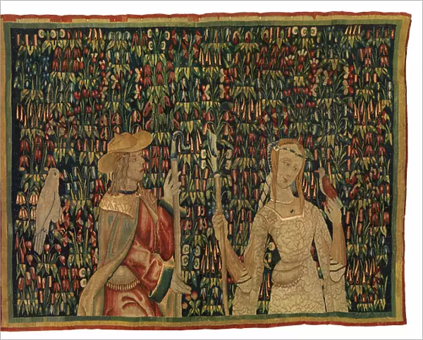 Mille fleurs tapestry fragment depicting shepherd and shepherdess or lady and youth (wool & silk)