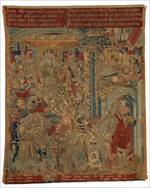 Tapestry, Three Scenes from the Trojan War, or Ulysses and Diomedes as Ambassadors at the Court of King Priam, Claiming the Return of Helen, made in Tournai, 1470-80 (silk)