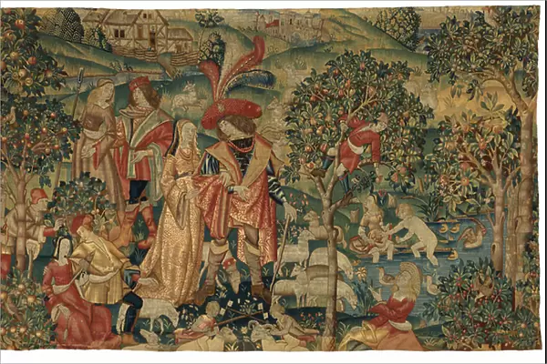 Tapestry depicting Pastoral Scene with Fruit Picking, or The Seigneur in his Park or Rural Alliance and Fruit-picking, c. 1500 (wool & silk)